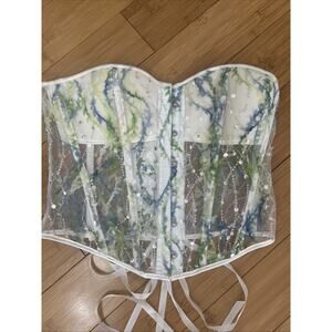 Y2K Mesh Corset W/Metal Closure Blue & Green Ribbon /Silver Sequins Fairy Sz S